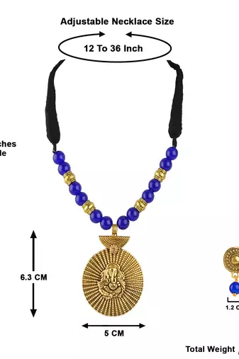 Gold plated oxidized german ganesha beaded necklaces set with cotton adjustable thread for women and girls.(blue)