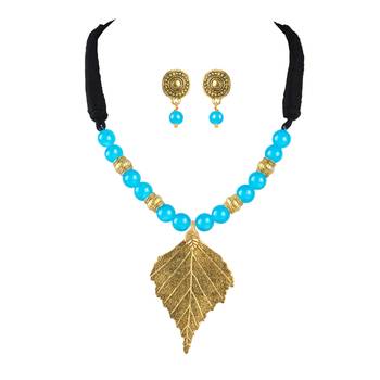 Fashionable gold plated leaf pendant beaded necklaces set with cotton adjustable thread for women and girls.(sky blue 1