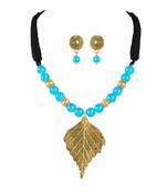 Fashionable gold plated leaf pendant beaded necklaces set with cotton adjustable thread for women and girls.(sky blue