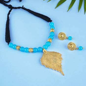 Fashionable gold plated leaf pendant beaded necklaces set with cotton adjustable thread for women and girls.(sky blue 2