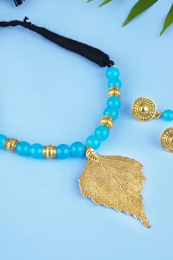 Fashionable gold plated leaf pendant beaded necklaces set with cotton adjustable thread for women and girls.(sky blue