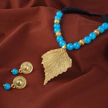 Fashionable gold plated leaf pendant beaded necklaces set with cotton adjustable thread for women and girls.(sky blue 3