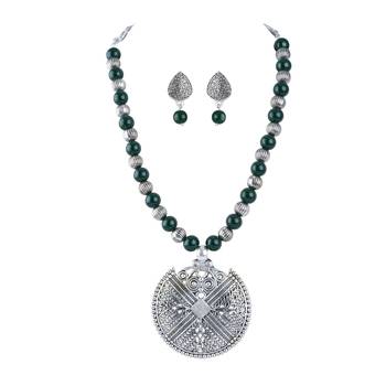 Fashionable silver plated oxidized german silver beaded necklaces set with adjustable thread for women and girls.(green) 1