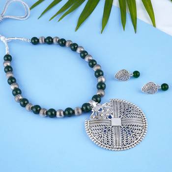 Fashionable silver plated oxidized german silver beaded necklaces set with adjustable thread for women and girls.(green) 2