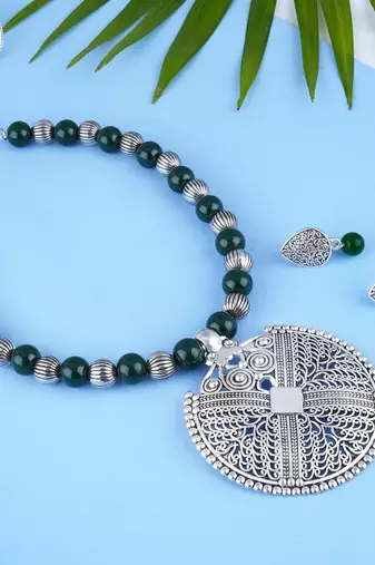 Fashionable silver plated oxidized german silver beaded necklaces set with adjustable thread for women and girls.(green)