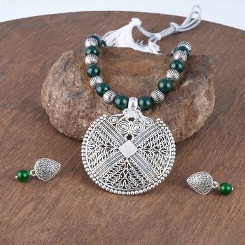 Fashionable silver plated oxidized german silver beaded necklaces set with adjustable thread for women and girls.(green) 3