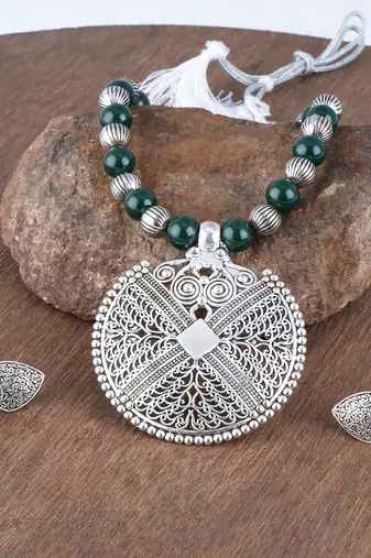 Fashionable silver plated oxidized german silver beaded necklaces set with adjustable thread for women and girls.(green)