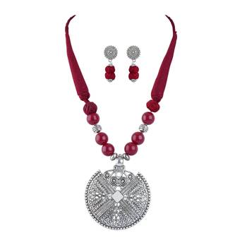 Fashionable silver plated oxidized german beaded necklaces set with adjustable thread for women and girls.(maroon) 1