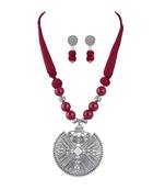 Fashionable silver plated oxidized german beaded necklaces set with adjustable thread for women and girls.(maroon)