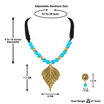 Fashionable gold plated leaf pendant beaded necklaces set with cotton adjustable thread for women and girls.(sky blue 5