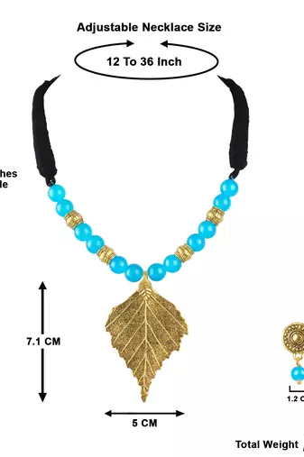Fashionable gold plated leaf pendant beaded necklaces set with cotton adjustable thread for women and girls.(sky blue