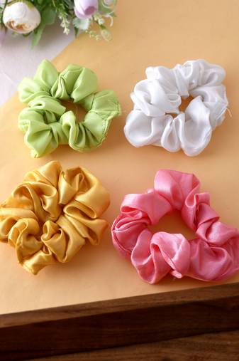 Set of 4 multi colored satin scrunchies ponytail holders