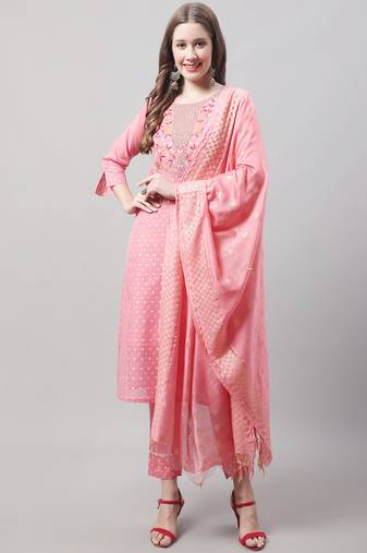  women kurta and trouser dupatta set chanderi modal butti