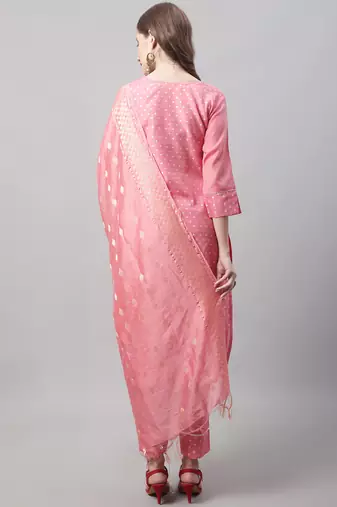  women kurta and trouser dupatta set chanderi modal butti