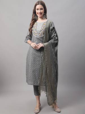  women kurta and trouser dupatta set chanderi modal butti 1