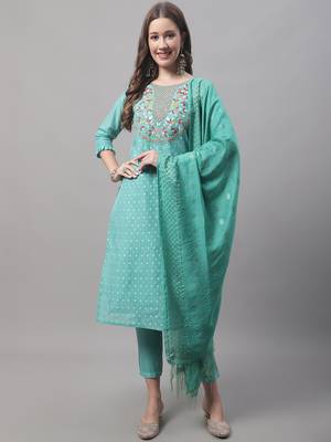  women kurta and trouser dupatta set chanderi modal butti 1
