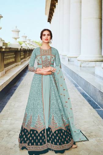 Sky Sky Embroidered and Diamond Work Netted Anarkali Suit Net Semistiched Long Length Kameez Pant party wear salwarsuit