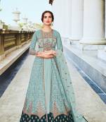Sky Sky Embroidered and Diamond Work Netted Anarkali Suit Net Semistiched Long Length Kameez Pant party wear salwarsuit