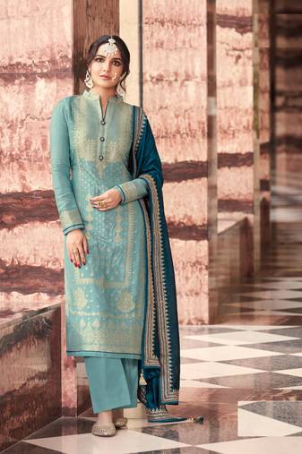 Sky Sky Floral Embroidered Straight Cut Suit Dola Jacquard Semistiched Long Length Kameez Pant party wear salwarsuit