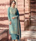 Sky Sky Floral Embroidered Straight Cut Suit Dola Jacquard Semistiched Long Length Kameez Pant party wear salwarsuit