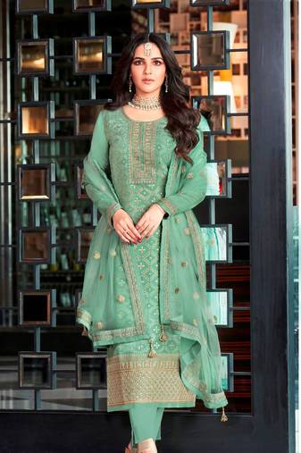 Green Green Floral Embroidered Straight Cut Suit Dola Jacquard Semistiched Long Length Kameez Pant party wear salwarsuit
