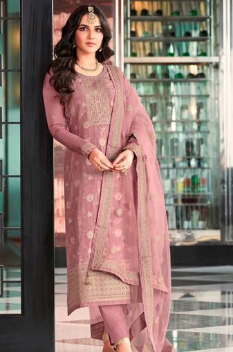 Mauve Mauve Floral Embroidered Straight Cut Suit Dola Jacquard Semistiched Long Length Kameez Pant party wear salwarsuit