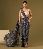 Black Viscose Crepe Pre Draped Saree Set