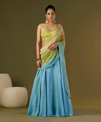 Sky Blue Russian Silk Lehenga Saree Set 1