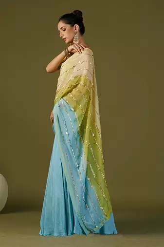 Sky Blue Russian Silk Lehenga Saree Set