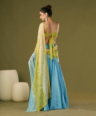 Sky Blue Russian Silk Lehenga Saree Set 3