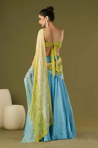 Sky Blue Russian Silk Lehenga Saree Set
