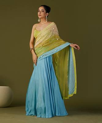 Sky Blue Russian Silk Lehenga Saree Set 4