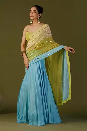 Sky Blue Russian Silk Lehenga Saree Set