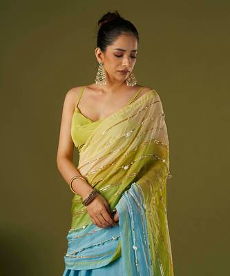 Sky Blue Russian Silk Lehenga Saree Set 5