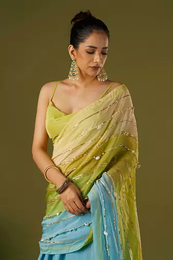 Sky Blue Russian Silk Lehenga Saree Set
