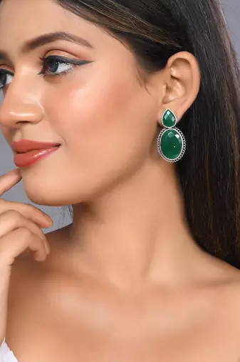 Silver plated green stone drop earring