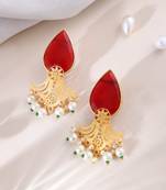 Gold plated pearl red stone drop earrring