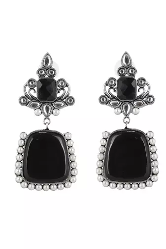 Silver plated pearl black stone drop earring