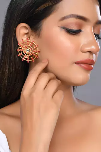 Gold plated red stone drop earring