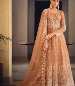 Brown Designer Sequance Embroidery Work Butterfly Net Semistiched Long Length Kameez Pant party wear salwarsuit