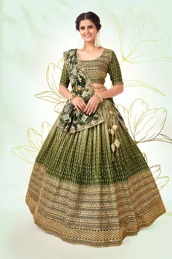 Green Silk  Semi Stitched Lehenga and Unstitch Blouse with Dupatta (Set of 3)