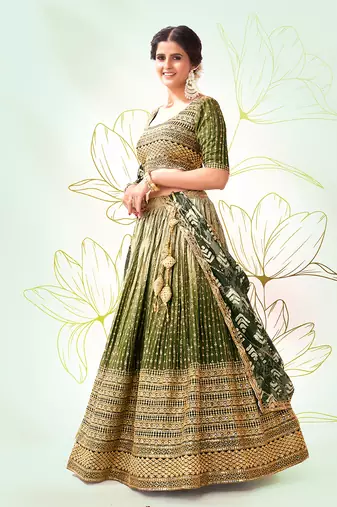 Green Silk  Semi Stitched Lehenga and Unstitch Blouse with Dupatta (Set of 3)