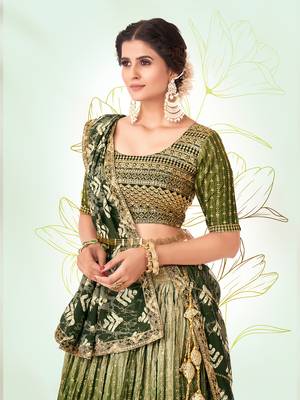Green Silk  Semi Stitched Lehenga and Unstitch Blouse with Dupatta (Set of 3) 4