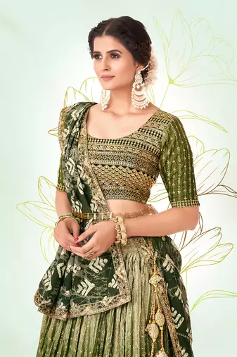 Green Silk  Semi Stitched Lehenga and Unstitch Blouse with Dupatta (Set of 3)