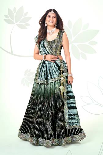 Dark Green Silk  Semi Stitched Lehenga and Unstitch Blouse with Dupatta (Set of 3)