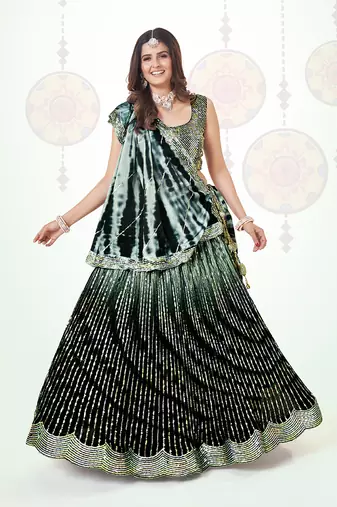 Dark Green Silk  Semi Stitched Lehenga and Unstitch Blouse with Dupatta (Set of 3)
