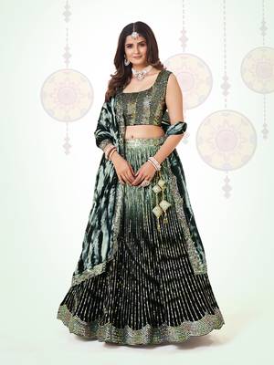 Dark Green Silk  Semi Stitched Lehenga and Unstitch Blouse with Dupatta (Set of 3) 3