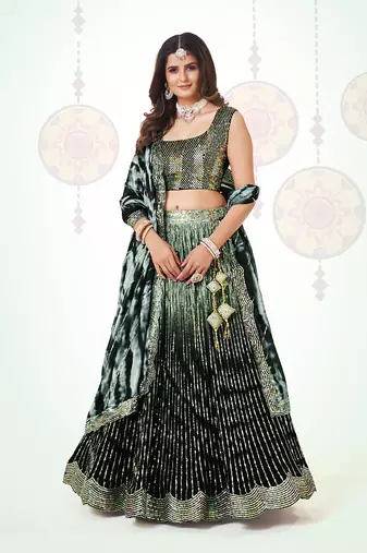 Dark Green Silk  Semi Stitched Lehenga and Unstitch Blouse with Dupatta (Set of 3)