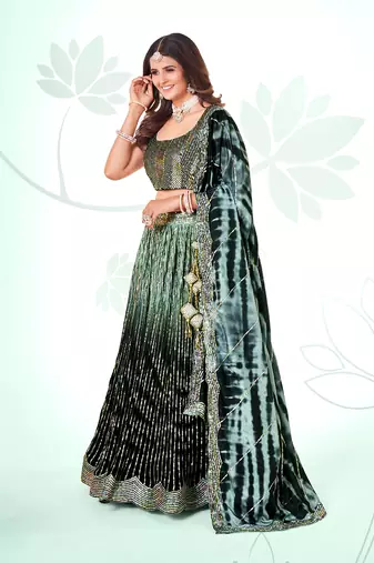 Dark Green Silk  Semi Stitched Lehenga and Unstitch Blouse with Dupatta (Set of 3)