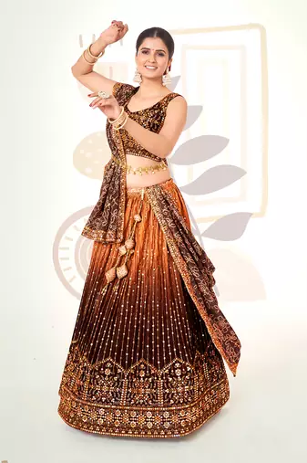 Orange & Brown Silk  Semi Stitched Lehenga and Unstitch Blouse with Dupatta